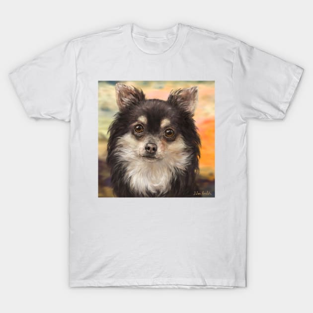 Cute Furry Brown and White Chihuahua on Orange Background T-Shirt by ibadishi